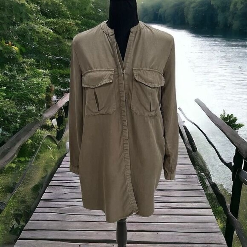 Knot Sisters Olive Green Shirt Dress S Long Sleeve Button-Down Front Pockets